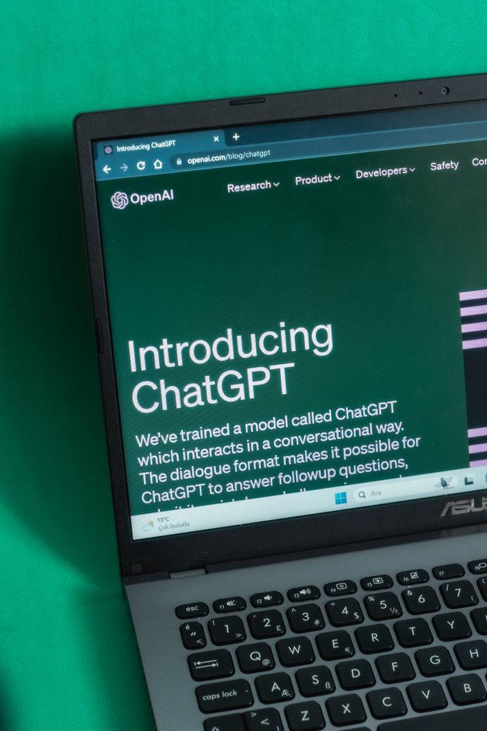 Home Laptop screen displaying the introductory page of ChatGPT on OpenAI's website.